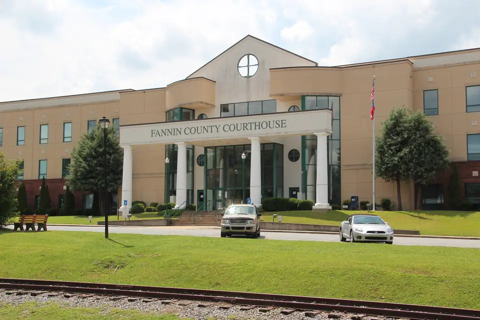 Tan multi-story building with white columns and 'FANNIN COUNTY COURTHOUSE' lettering, two cars parked, rail track in the foreground