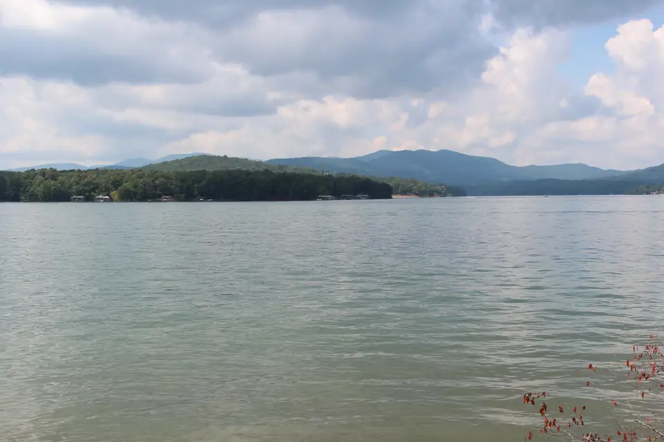 Wide green-gray lake with boathouses along a wooded far shore, layered mountains and heavy clouds, a red-leafed branch at lower right